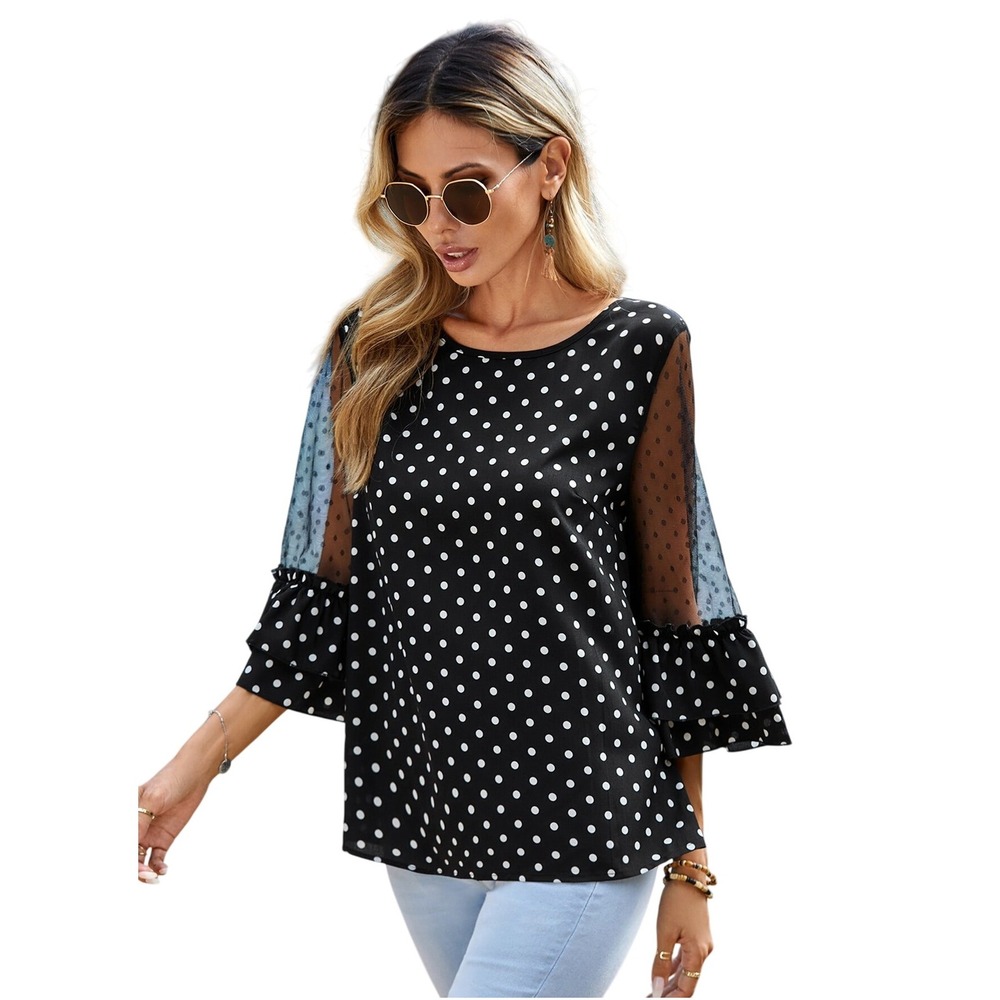 Emery Rose Polka Dot Mesh‎ Sleeve Ruffle Blouse Top Black White Womens XL